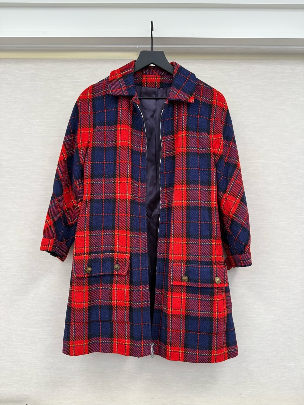 Plaid Red & Navy Women's Coat - Classic Check Jacket